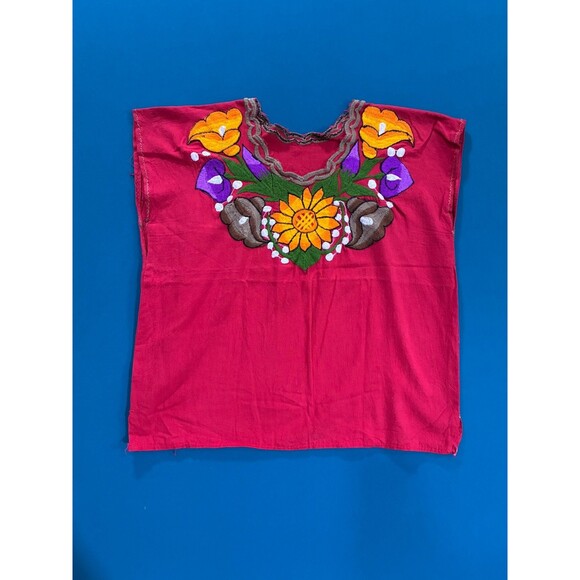 Women's Red Mexican Embroidered Flowers Floral Peasant Blouse Top L-XL - Picture 1 of 4